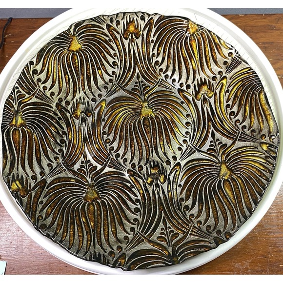 Three Hands Other - Vintage Three Heads Hand Painted Glass Decorative Gold&Brown Decor Bowl 15" EUC